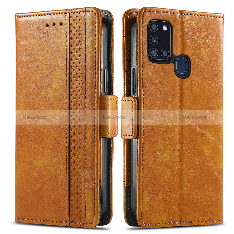 Leather Case Stands Flip Cover Holder S02D for Samsung Galaxy A21s Light Brown