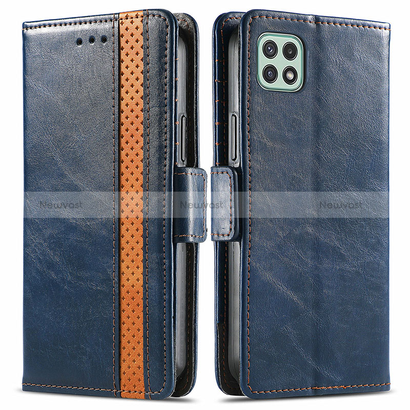 Leather Case Stands Flip Cover Holder S02D for Samsung Galaxy A22 5G Blue