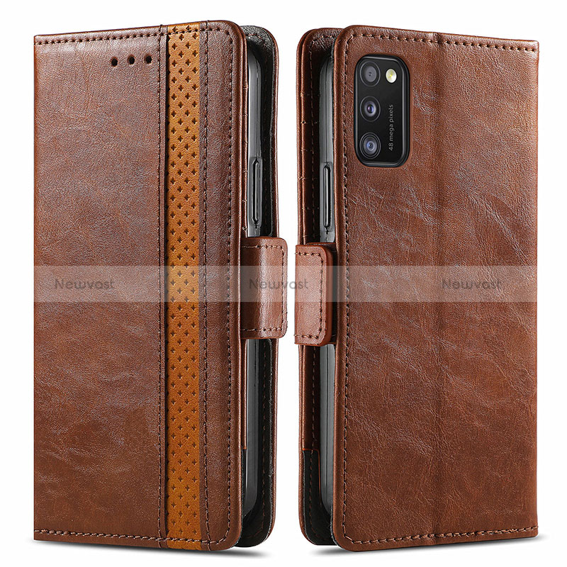 Leather Case Stands Flip Cover Holder S02D for Samsung Galaxy A41 Brown
