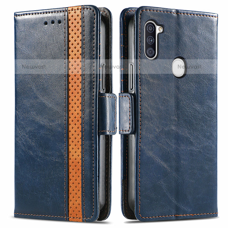 Leather Case Stands Flip Cover Holder S02D for Samsung Galaxy M11 Blue