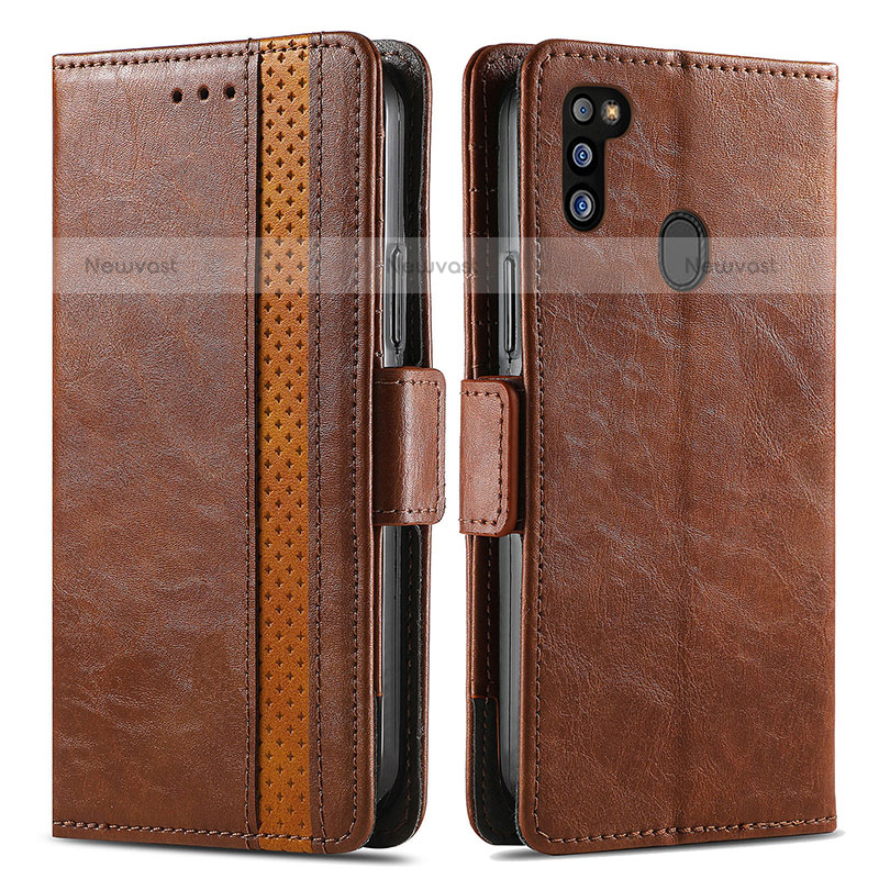 Leather Case Stands Flip Cover Holder S02D for Samsung Galaxy M21 Brown