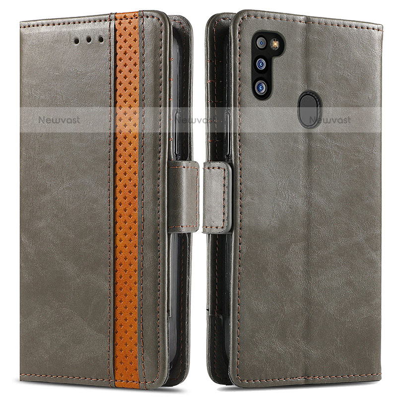 Leather Case Stands Flip Cover Holder S02D for Samsung Galaxy M21 Gray