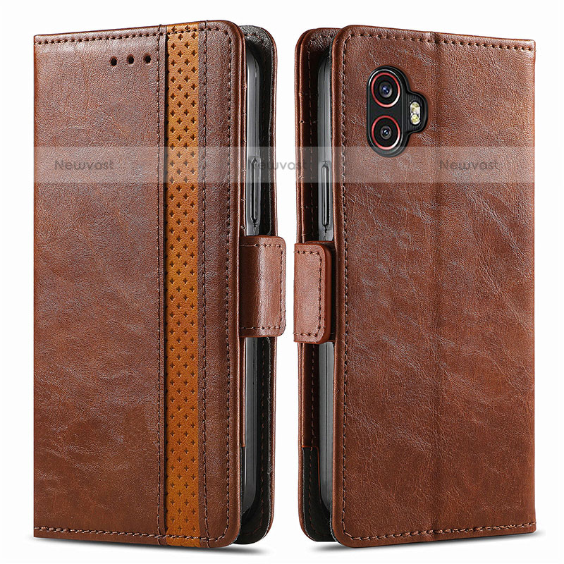 Leather Case Stands Flip Cover Holder S02D for Samsung Galaxy XCover 6 Pro 5G Brown