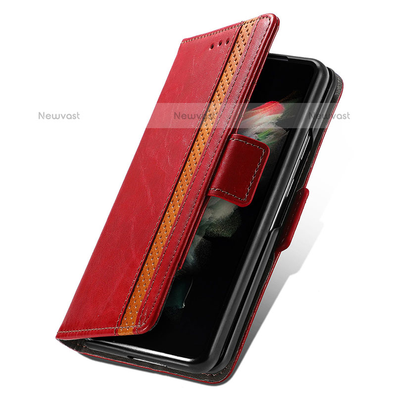 Leather Case Stands Flip Cover Holder S02D for Samsung Galaxy Z Fold3 5G Red