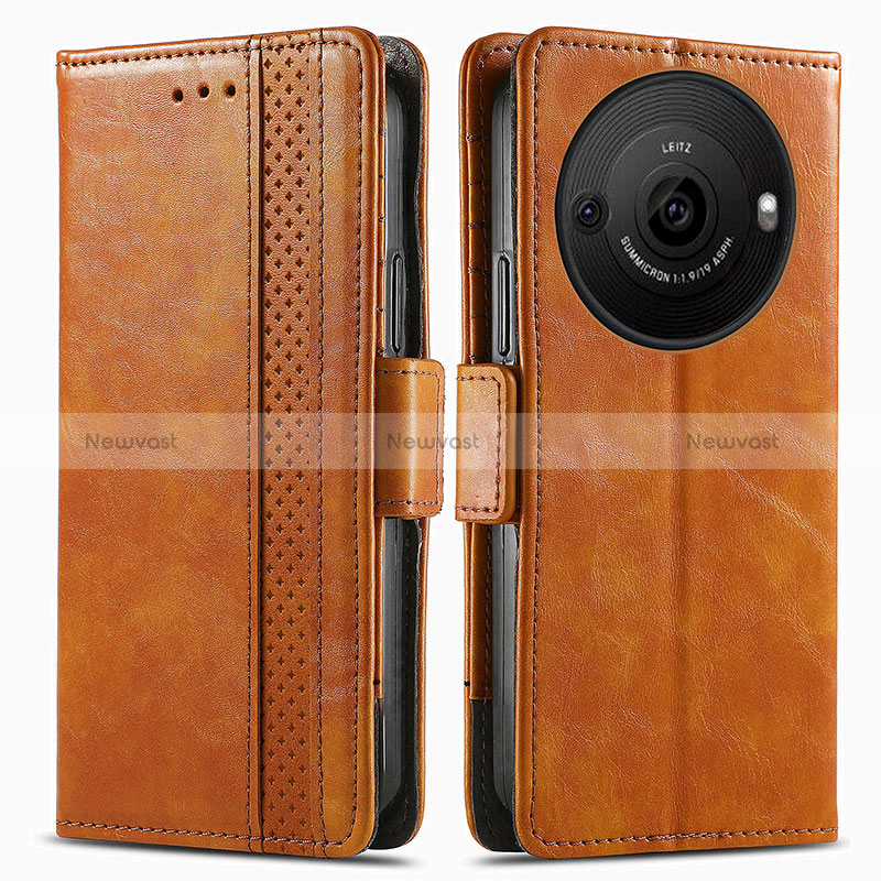 Leather Case Stands Flip Cover Holder S02D for Sharp Aquos R8s Pro Light Brown