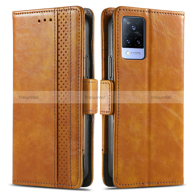 Leather Case Stands Flip Cover Holder S02D for Vivo V21s 5G Light Brown