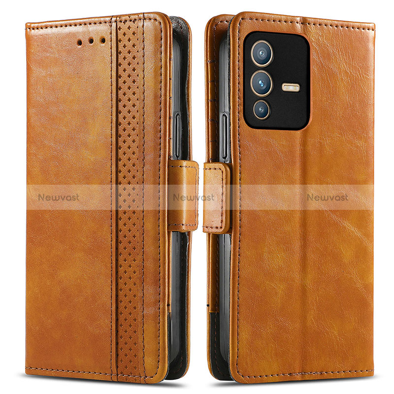 Leather Case Stands Flip Cover Holder S02D for Vivo V23 5G Light Brown