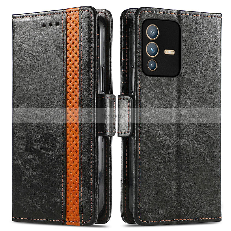 Leather Case Stands Flip Cover Holder S02D for Vivo V23 Pro 5G Black