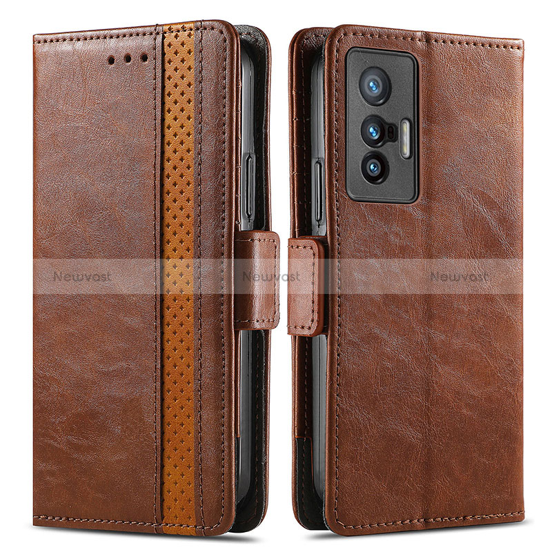 Leather Case Stands Flip Cover Holder S02D for Vivo X70 5G Brown