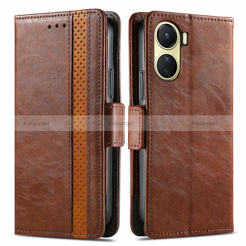 Leather Case Stands Flip Cover Holder S02D for Vivo Y02S Brown