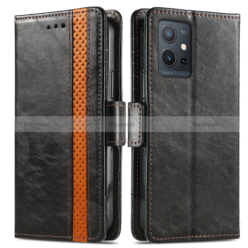 Leather Case Stands Flip Cover Holder S02D for Vivo Y33e 5G Black