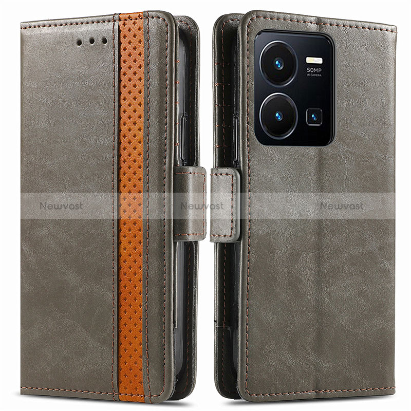 Leather Case Stands Flip Cover Holder S02D for Vivo Y35 4G Gray