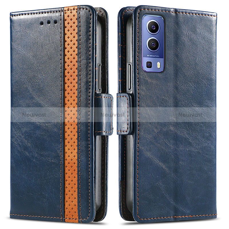 Leather Case Stands Flip Cover Holder S02D for Vivo Y52 5G Blue