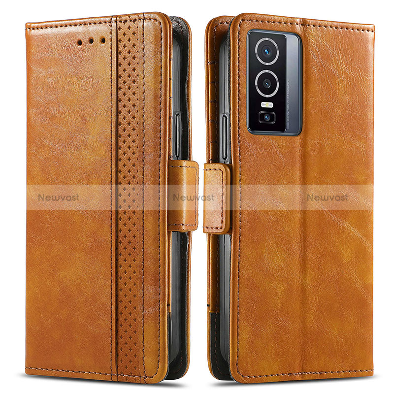 Leather Case Stands Flip Cover Holder S02D for Vivo Y76 5G Light Brown