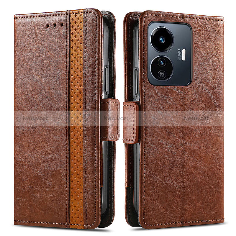 Leather Case Stands Flip Cover Holder S02D for Vivo Y77 5G Brown