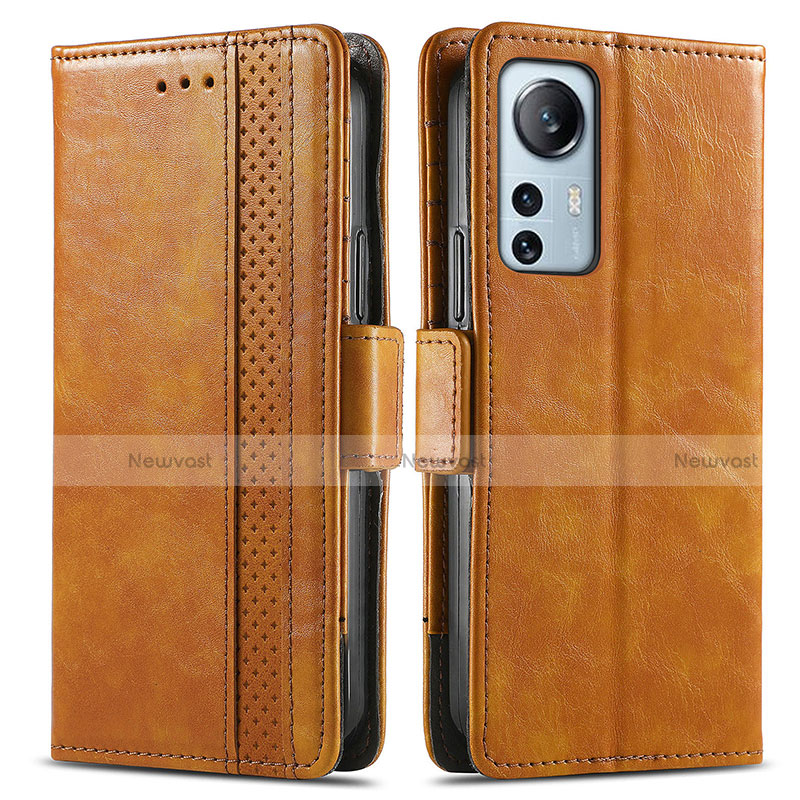 Leather Case Stands Flip Cover Holder S02D for Xiaomi Mi 12 5G Light Brown