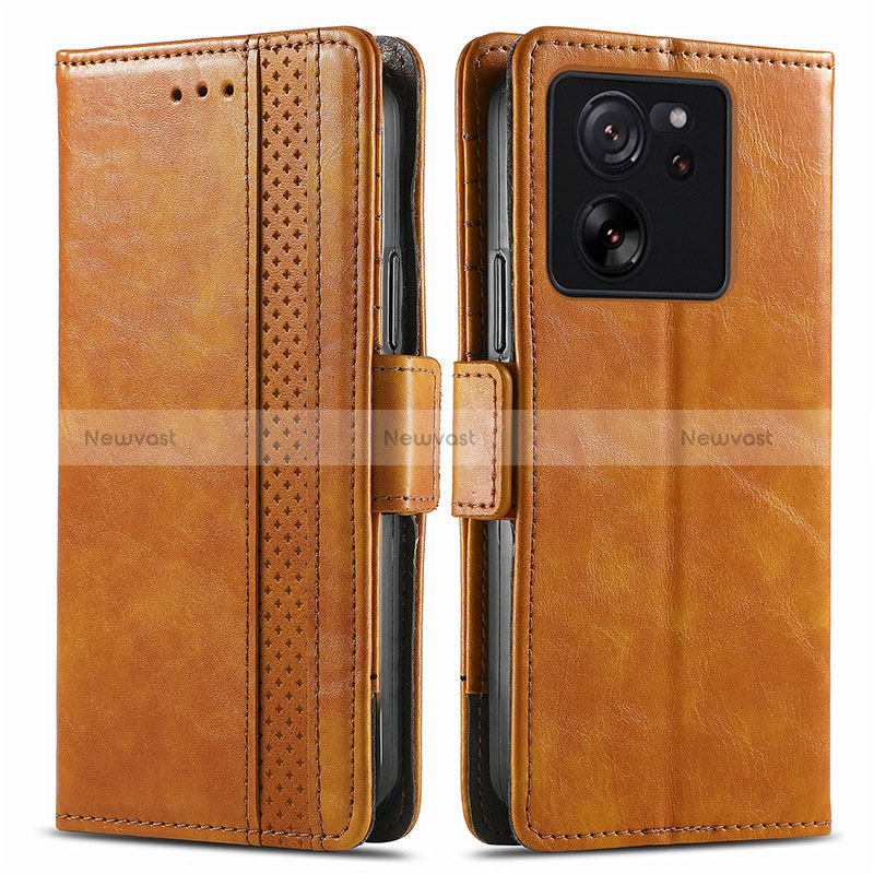 Leather Case Stands Flip Cover Holder S02D for Xiaomi Mi 13T Pro 5G Light Brown