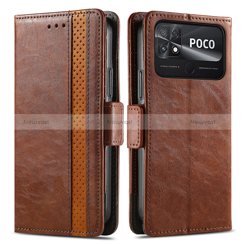 Leather Case Stands Flip Cover Holder S02D for Xiaomi Poco C40 Brown