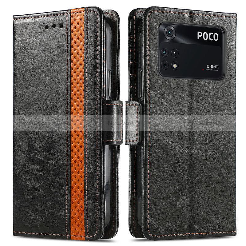 Leather Case Stands Flip Cover Holder S02D for Xiaomi Poco M4 Pro 4G Black