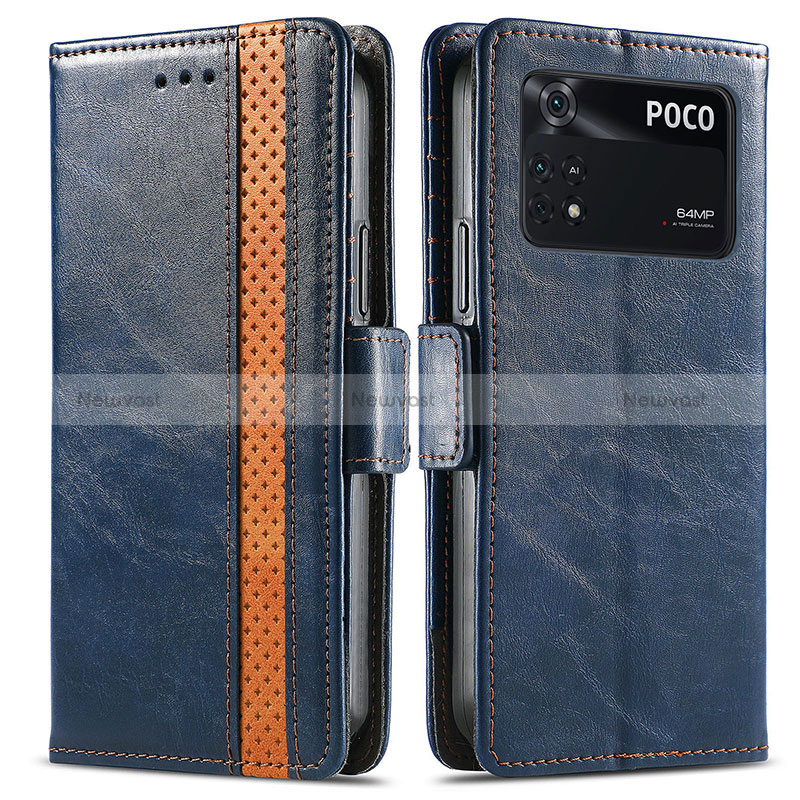 Leather Case Stands Flip Cover Holder S02D for Xiaomi Poco M4 Pro 4G Blue