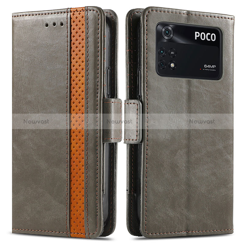 Leather Case Stands Flip Cover Holder S02D for Xiaomi Poco M4 Pro 4G Gray