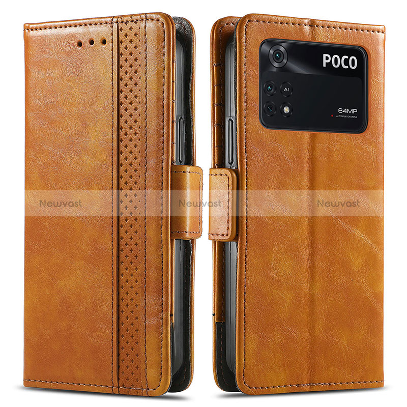 Leather Case Stands Flip Cover Holder S02D for Xiaomi Poco M4 Pro 4G Light Brown