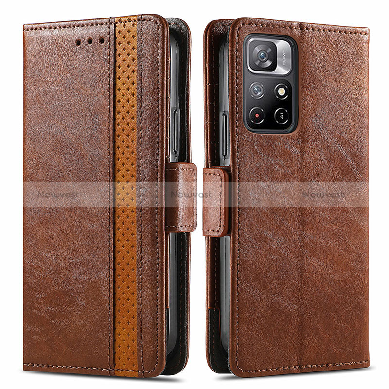 Leather Case Stands Flip Cover Holder S02D for Xiaomi Poco M4 Pro 5G Brown