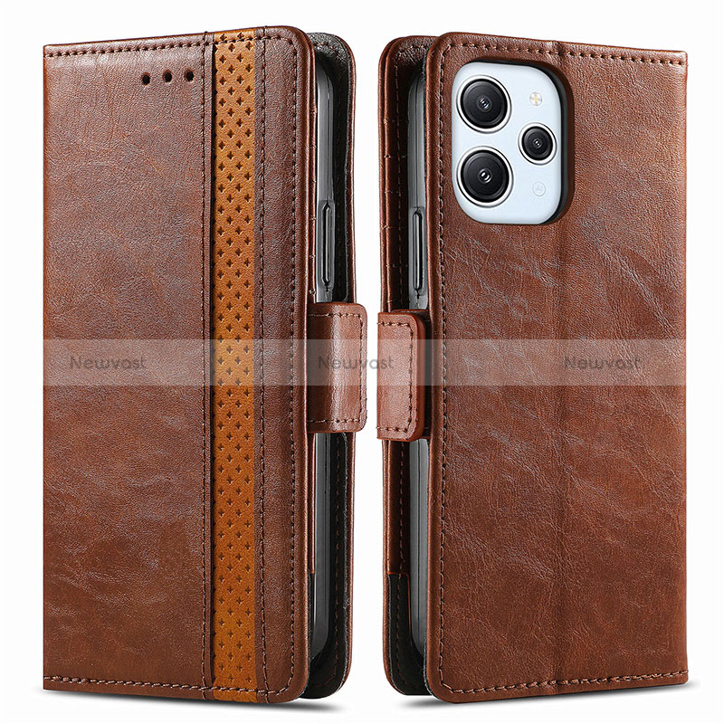 Leather Case Stands Flip Cover Holder S02D for Xiaomi Redmi 12 4G Brown