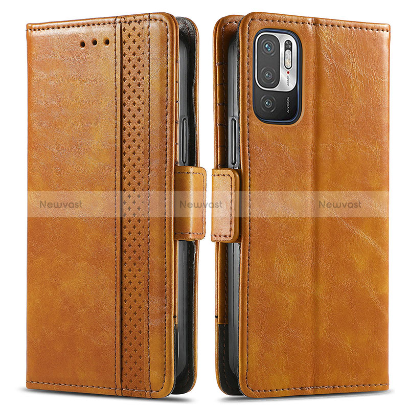 Leather Case Stands Flip Cover Holder S02D for Xiaomi Redmi Note 10 5G Light Brown