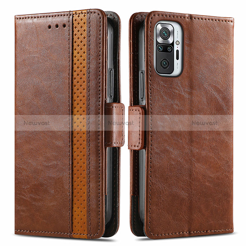 Leather Case Stands Flip Cover Holder S02D for Xiaomi Redmi Note 10 Pro 4G Brown
