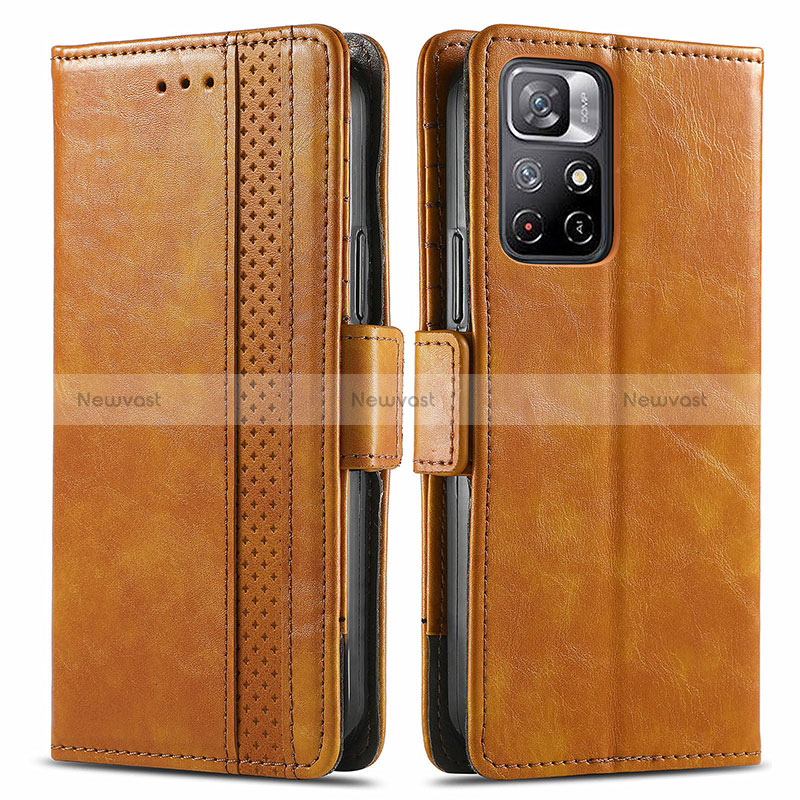 Leather Case Stands Flip Cover Holder S02D for Xiaomi Redmi Note 11 5G Light Brown