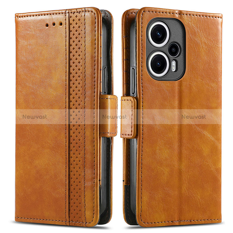 Leather Case Stands Flip Cover Holder S02D for Xiaomi Redmi Note 12 Turbo 5G Light Brown