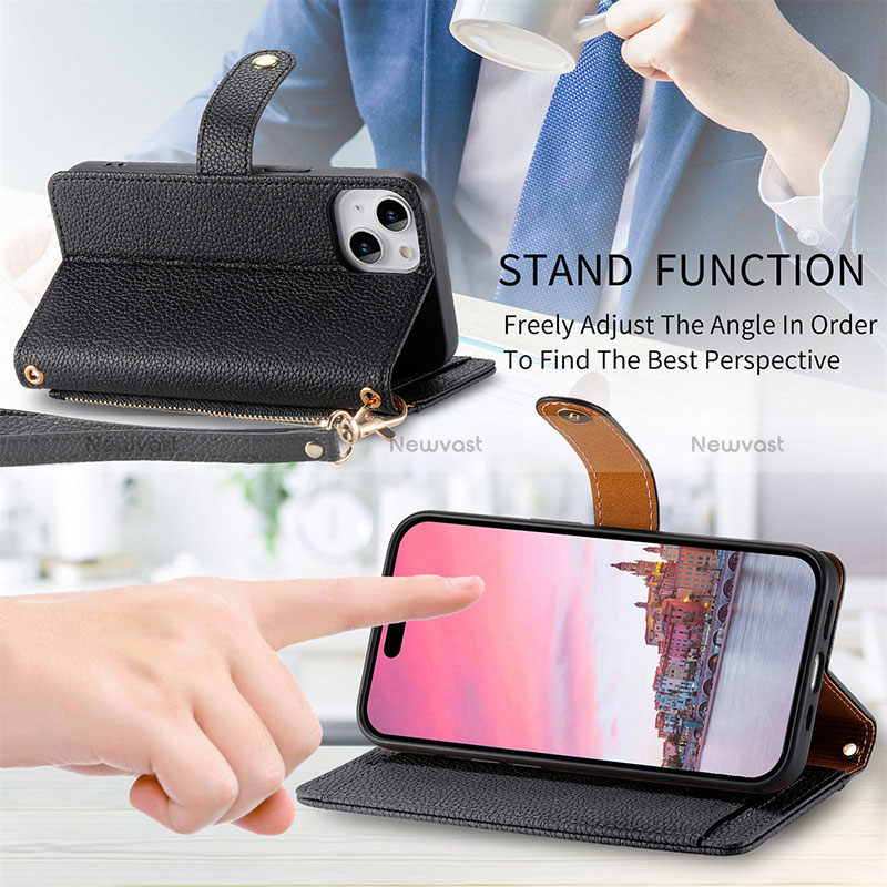 Leather Case Stands Flip Cover Holder S03D for Apple iPhone 15