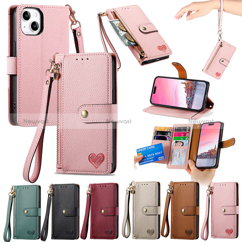 Leather Case Stands Flip Cover Holder S03D for Apple iPhone 15 Plus