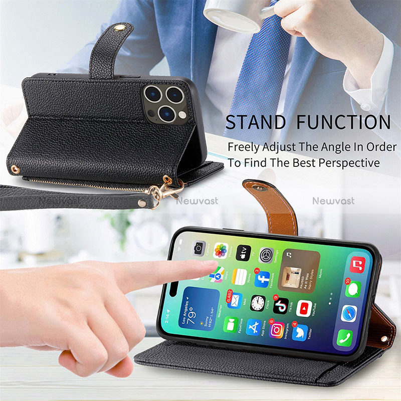 Leather Case Stands Flip Cover Holder S03D for Apple iPhone 15 Pro Max