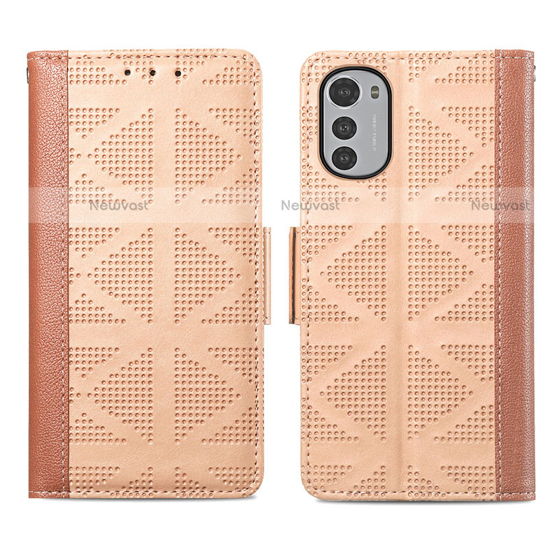 Leather Case Stands Flip Cover Holder S03D for Motorola Moto E32s Light Brown