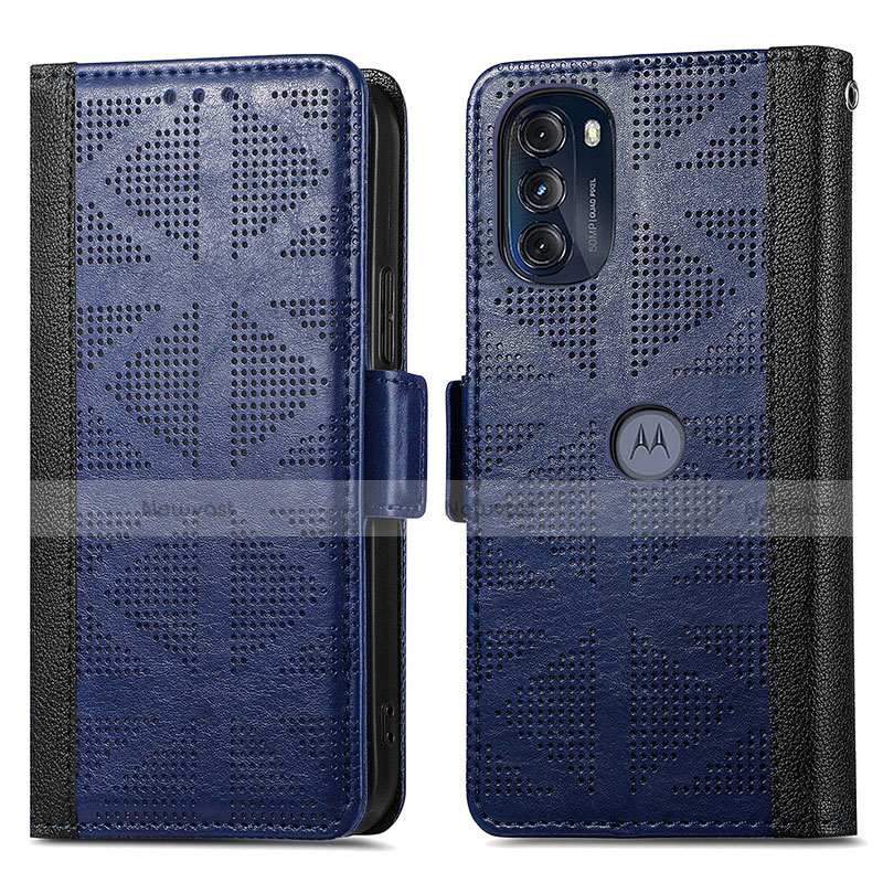 Leather Case Stands Flip Cover Holder S03D for Motorola Moto G 5G (2022) Blue