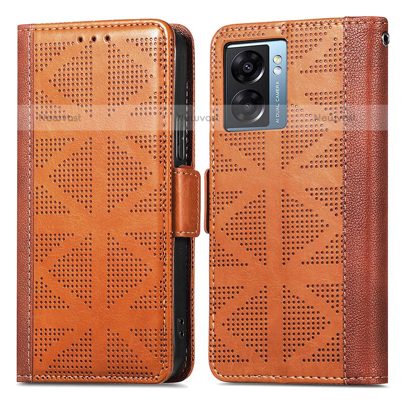 Leather Case Stands Flip Cover Holder S03D for OnePlus Nord N300 5G Brown