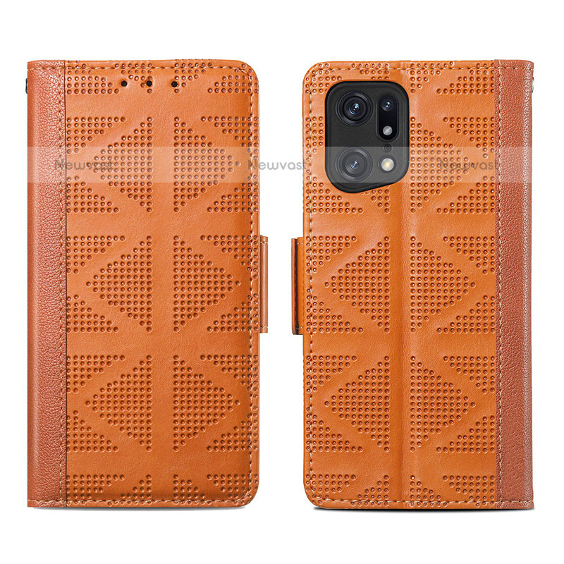 Leather Case Stands Flip Cover Holder S03D for Oppo Find X5 Pro 5G Brown