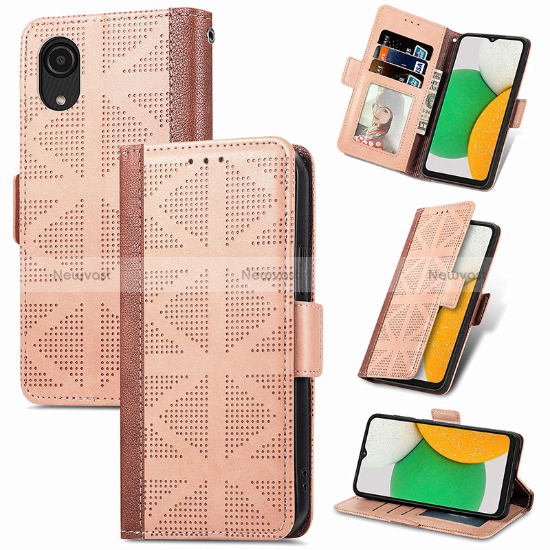 Leather Case Stands Flip Cover Holder S03D for Samsung Galaxy A03 Core Light Brown