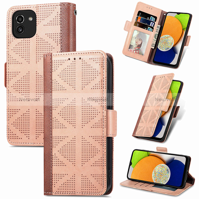 Leather Case Stands Flip Cover Holder S03D for Samsung Galaxy A03 Light Brown