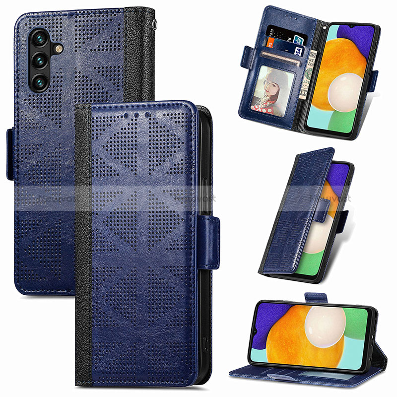 Leather Case Stands Flip Cover Holder S03D for Samsung Galaxy A04s Blue