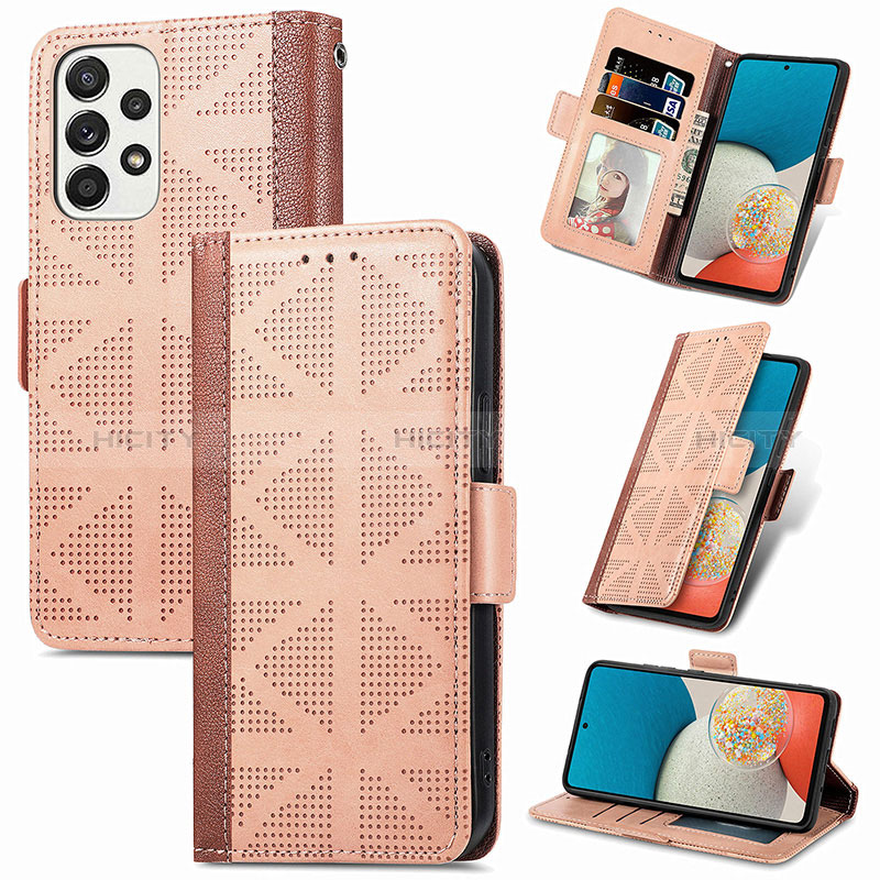 Leather Case Stands Flip Cover Holder S03D for Samsung Galaxy A53 5G Light Brown