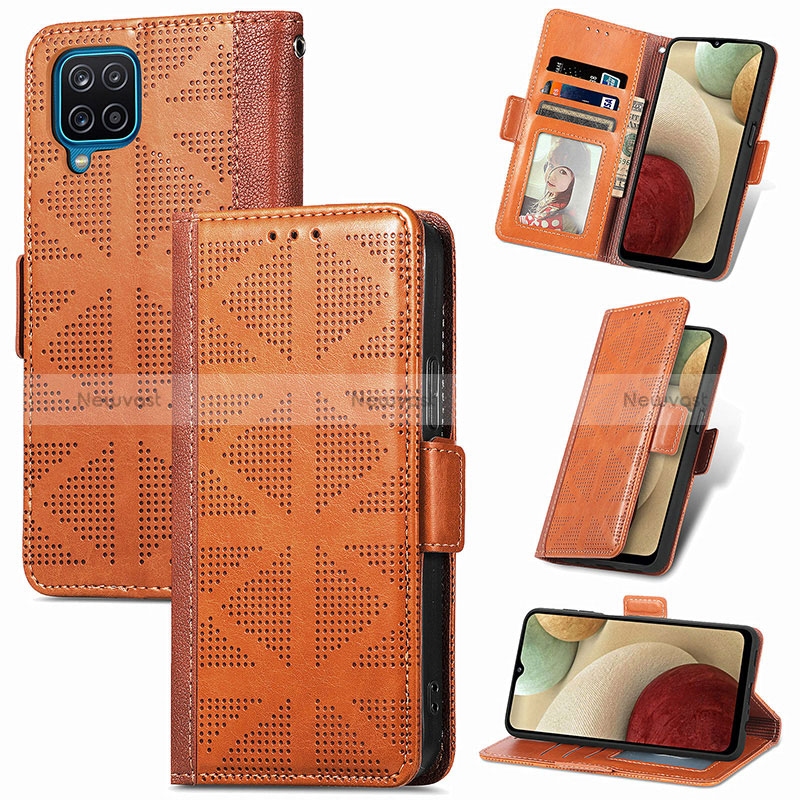 Leather Case Stands Flip Cover Holder S03D for Samsung Galaxy M12 Brown