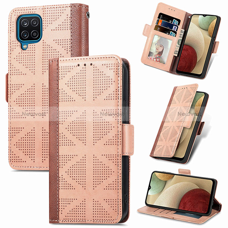 Leather Case Stands Flip Cover Holder S03D for Samsung Galaxy M12 Light Brown