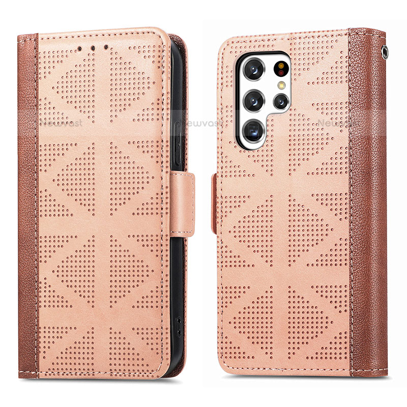 Leather Case Stands Flip Cover Holder S03D for Samsung Galaxy S21 Ultra 5G Light Brown