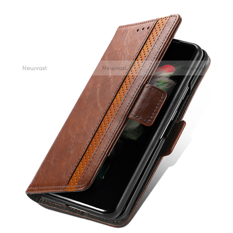 Leather Case Stands Flip Cover Holder S03D for Samsung Galaxy Z Fold3 5G Brown