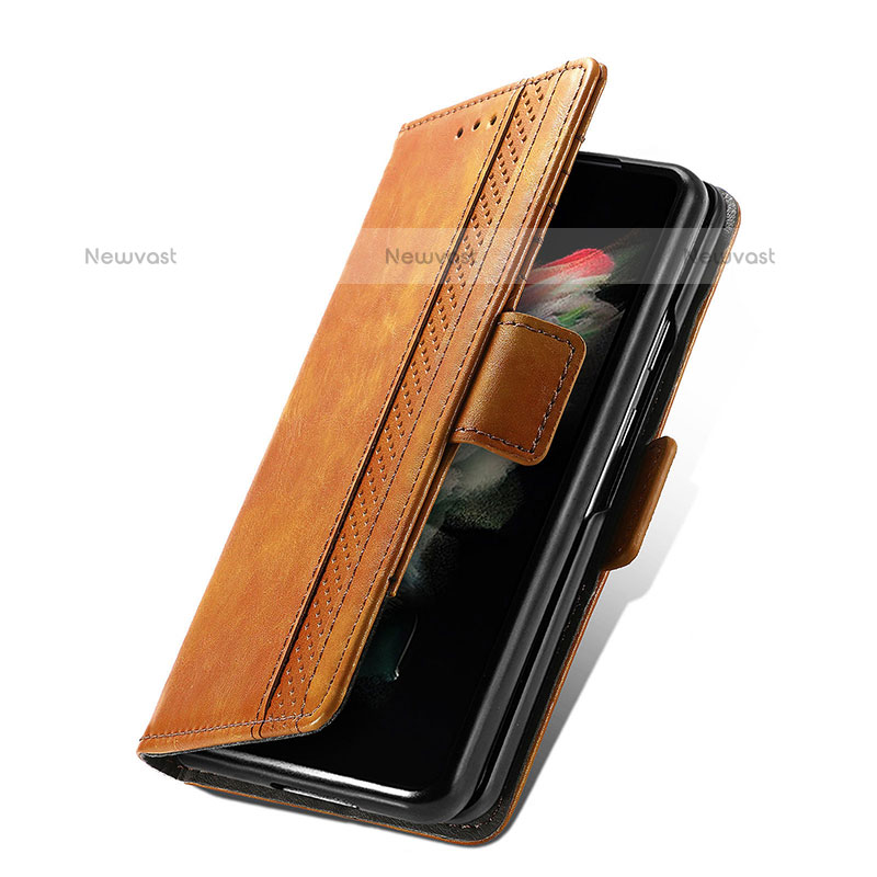 Leather Case Stands Flip Cover Holder S03D for Samsung Galaxy Z Fold3 5G Light Brown