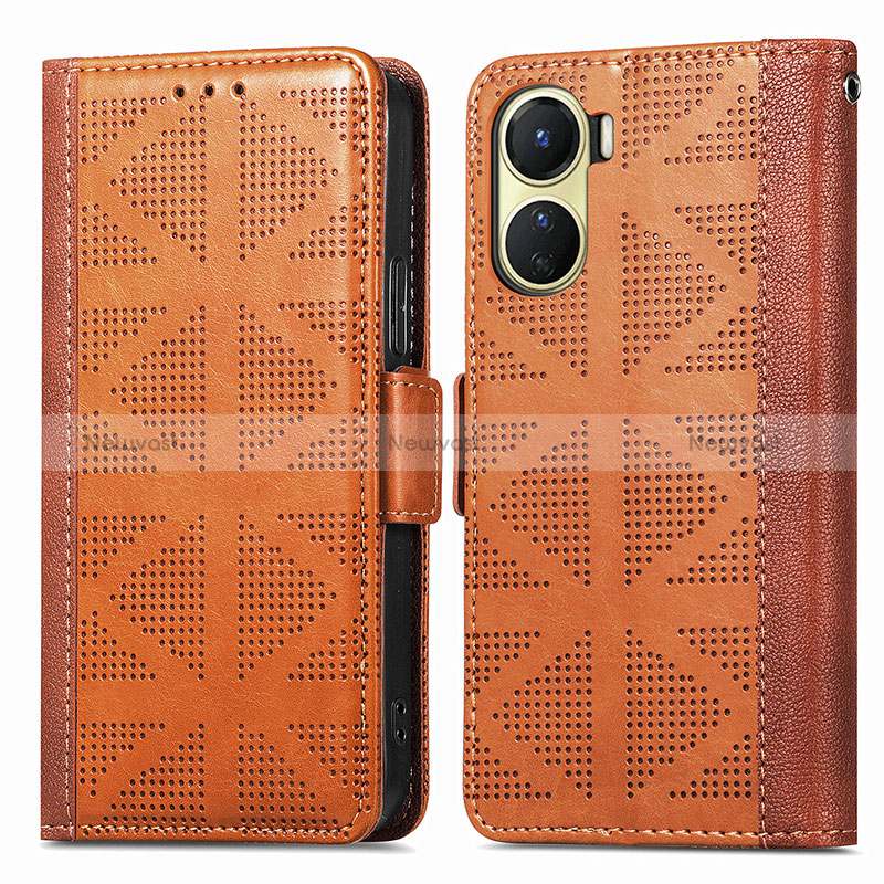 Leather Case Stands Flip Cover Holder S03D for Vivo Y16 Brown