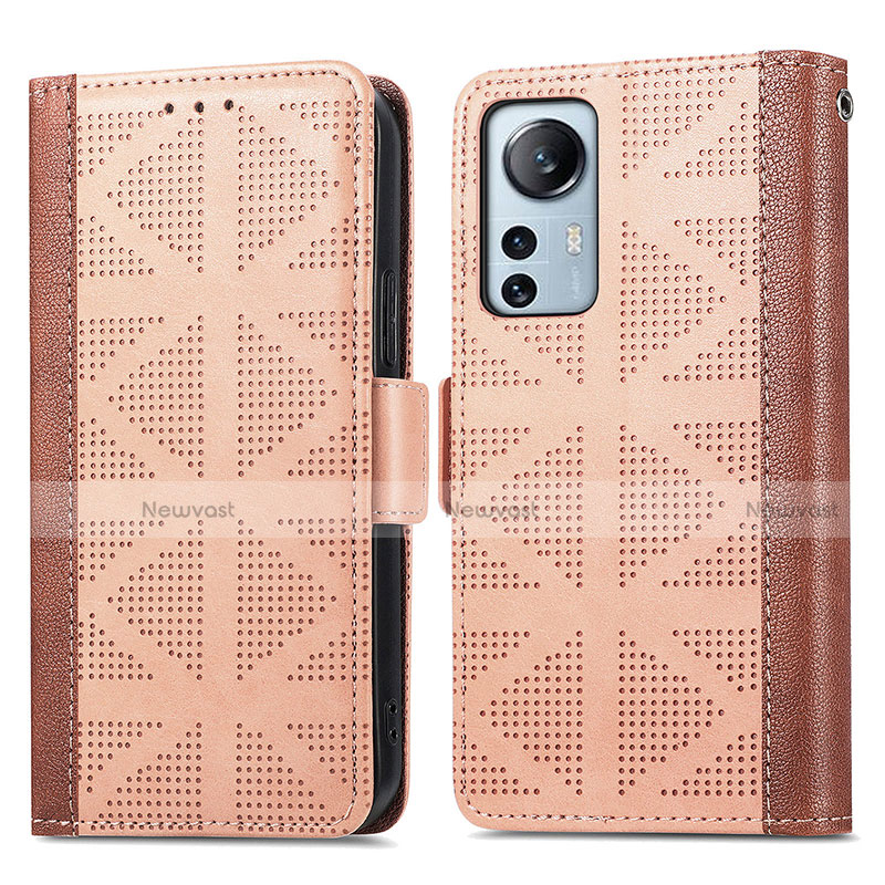 Leather Case Stands Flip Cover Holder S03D for Xiaomi Mi 12 5G Light Brown